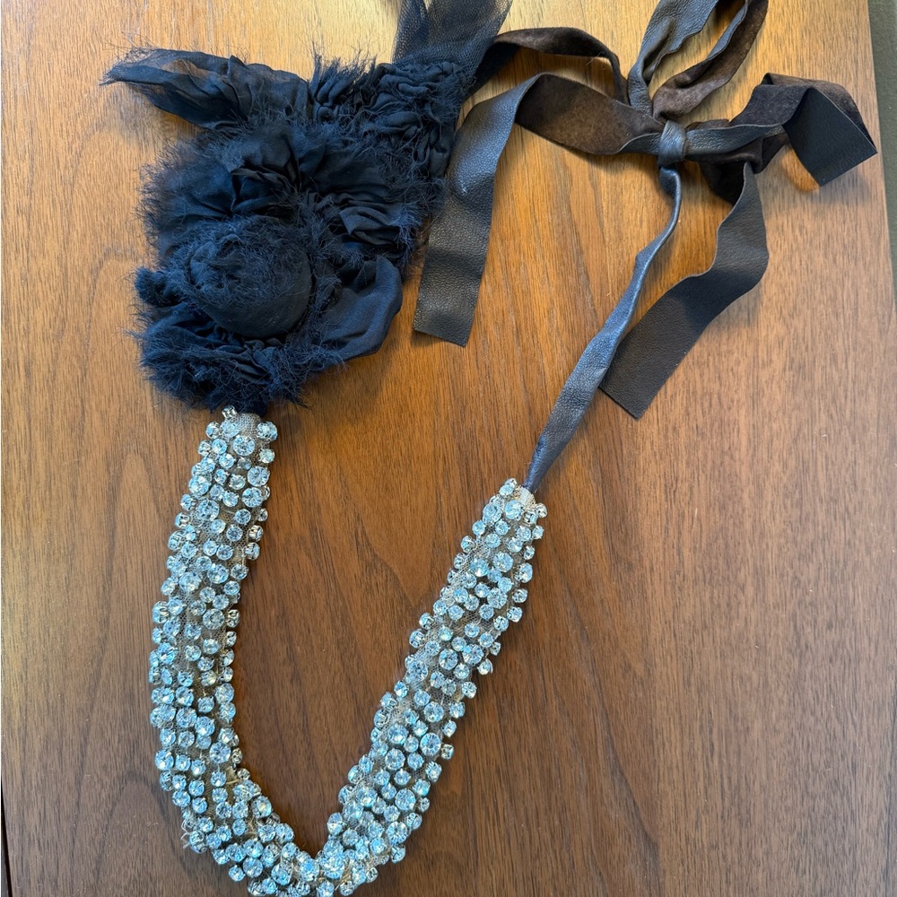 Vera Wang Black and Silver Beaded Necklace with Fabric Flower